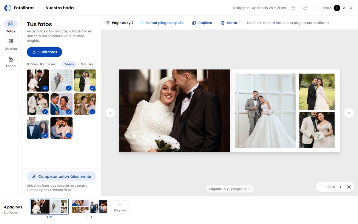 Editor en la etapa 1: un pliego con fotos de una boda